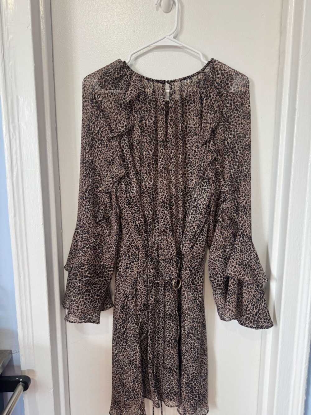 White House Black Market Leopard Print Ruffle Long Sleeve Dress